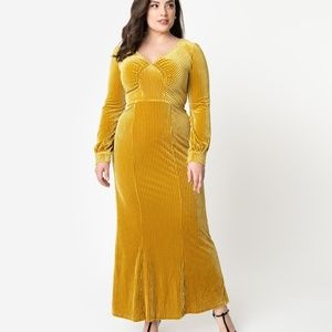 Unique Vintage Mustard Velvet Maxi Dress XL/14